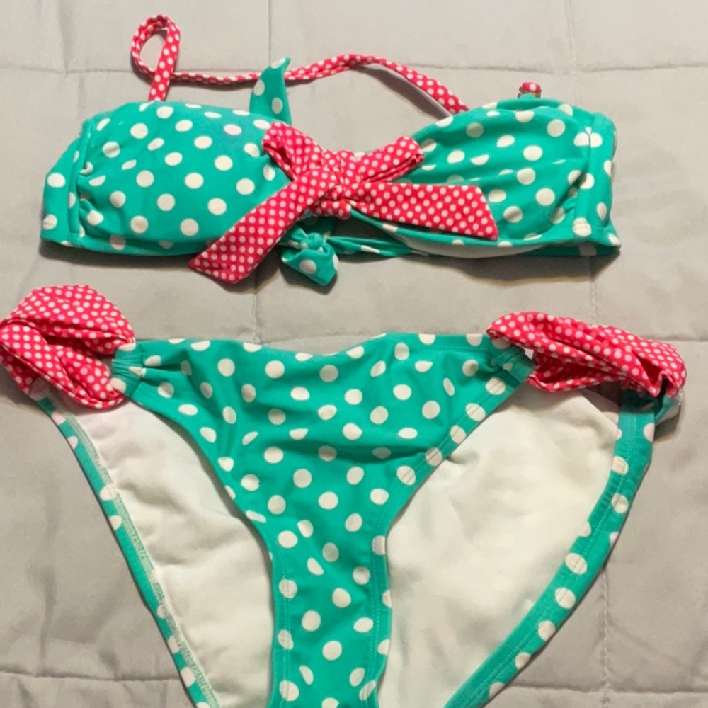 Teal, white and pink polka dotted bikini set